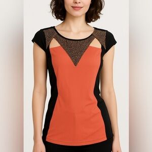 Futuristic Orange and Black Keyhole Beaded Top with Cap Sleeve. Vintage Y2K top.